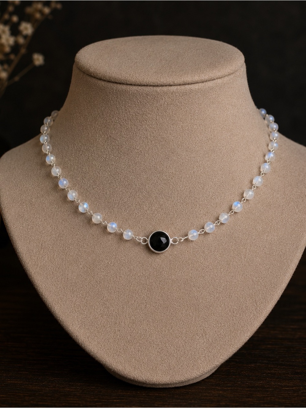 Moonstone Beaded Choker with Black Onyx connector - minimalist